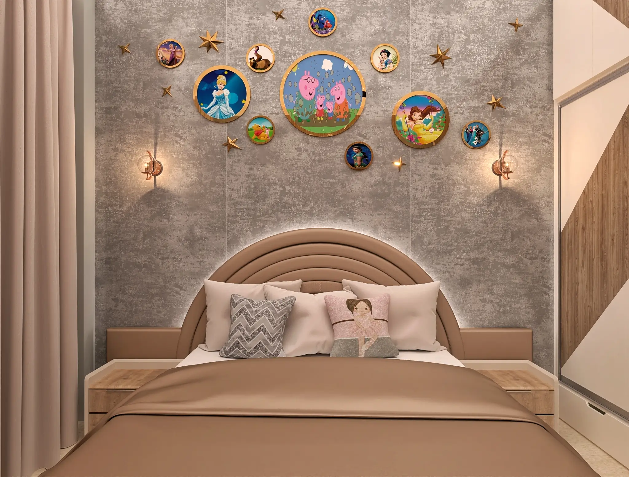 Contemporary bedroom with decorative wall art