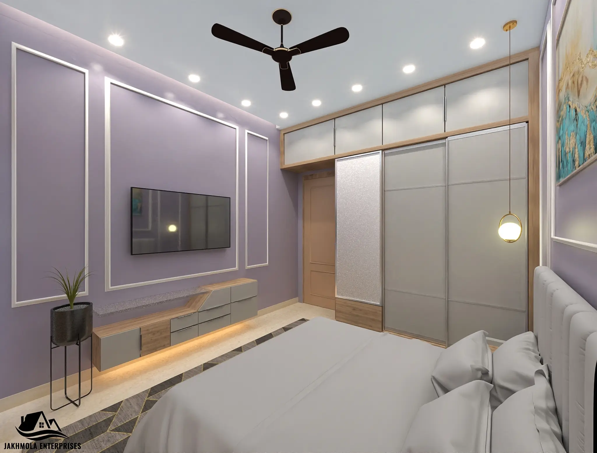 Luxury bedroom with pastel panels and lighting