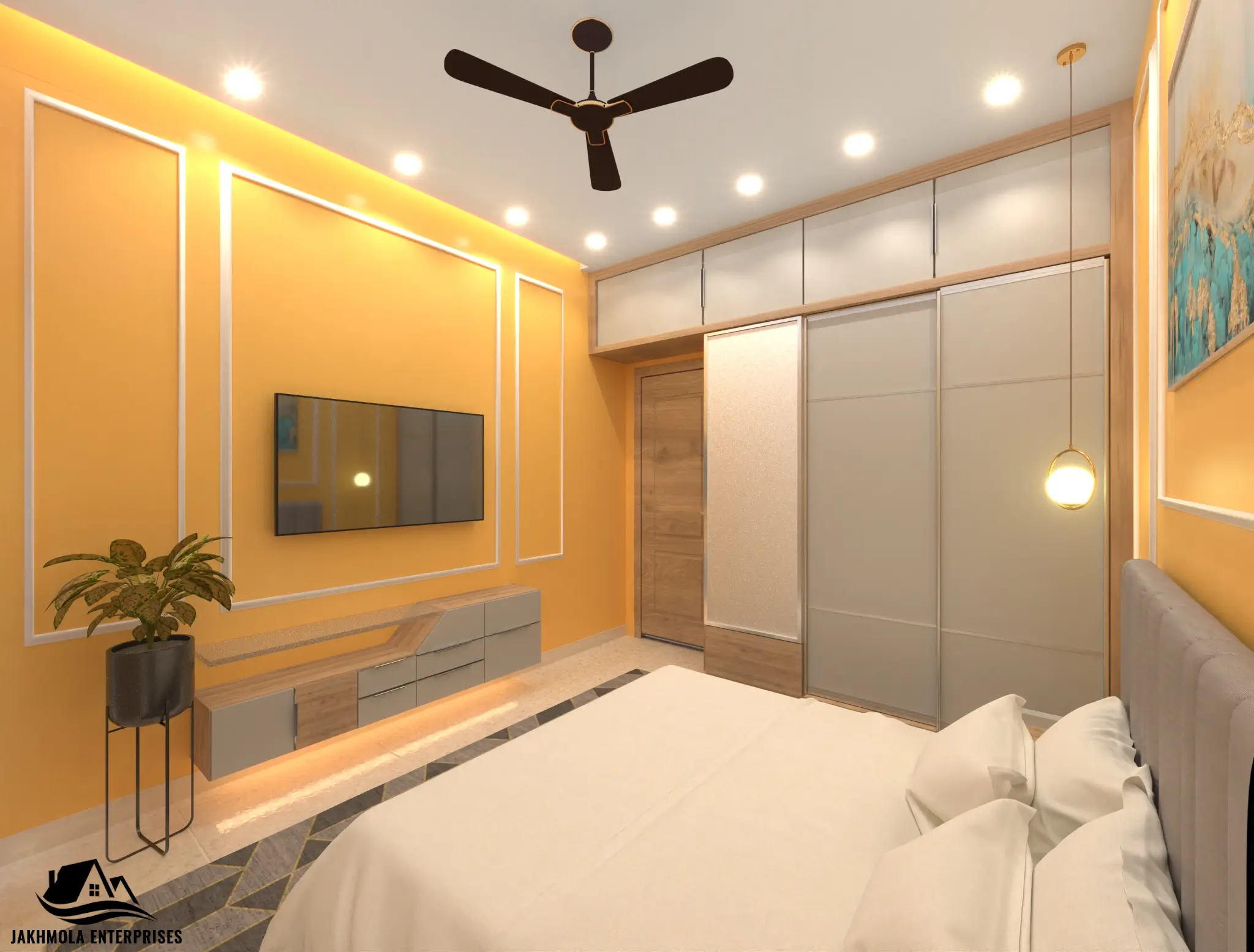 Modern bedroom with accent wall and storage