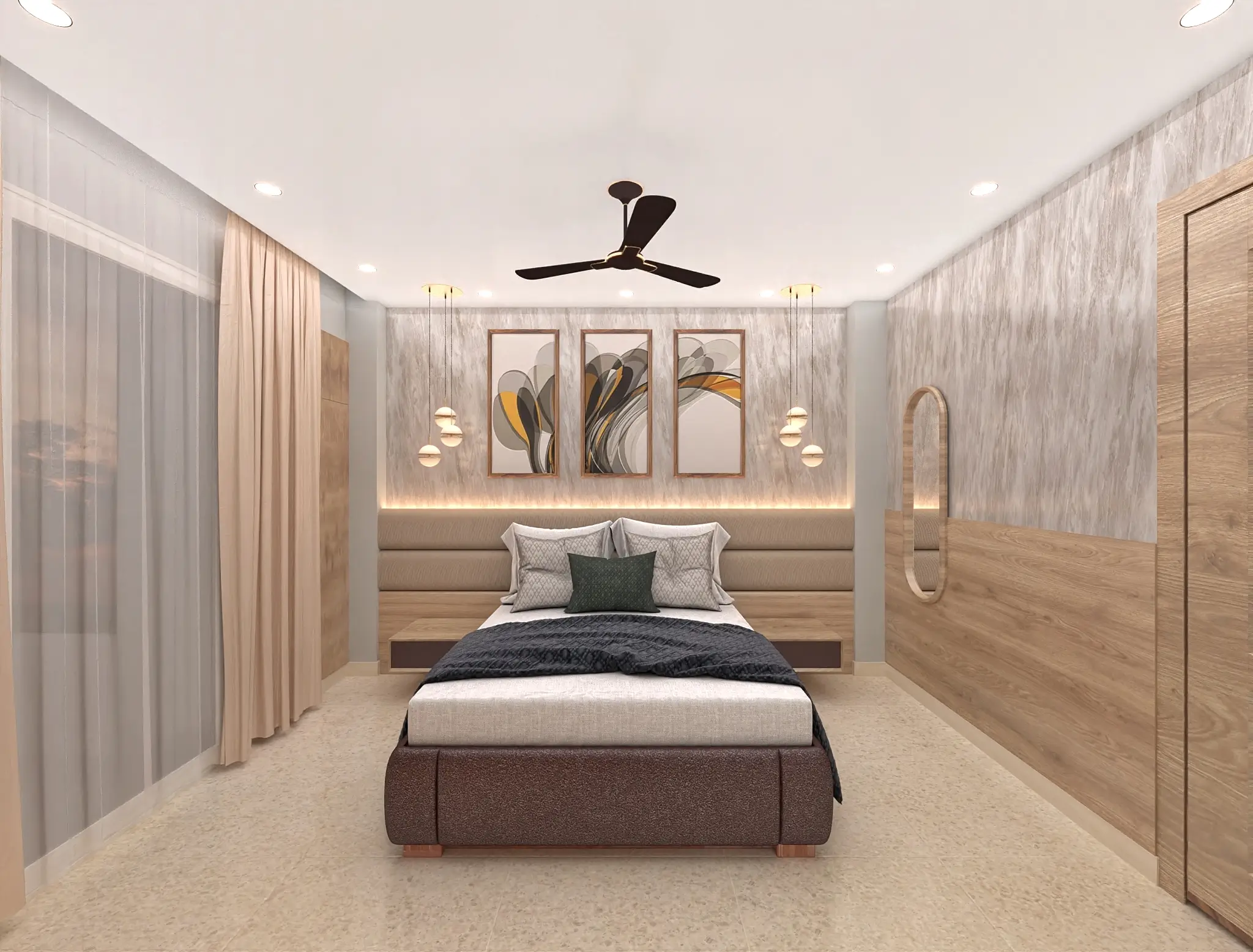 Elegant bedroom with upholstered headboard