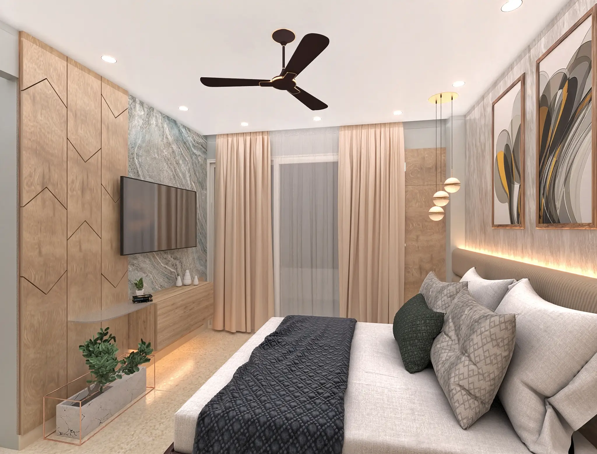 Contemporary bedroom with TV unit and warm tones