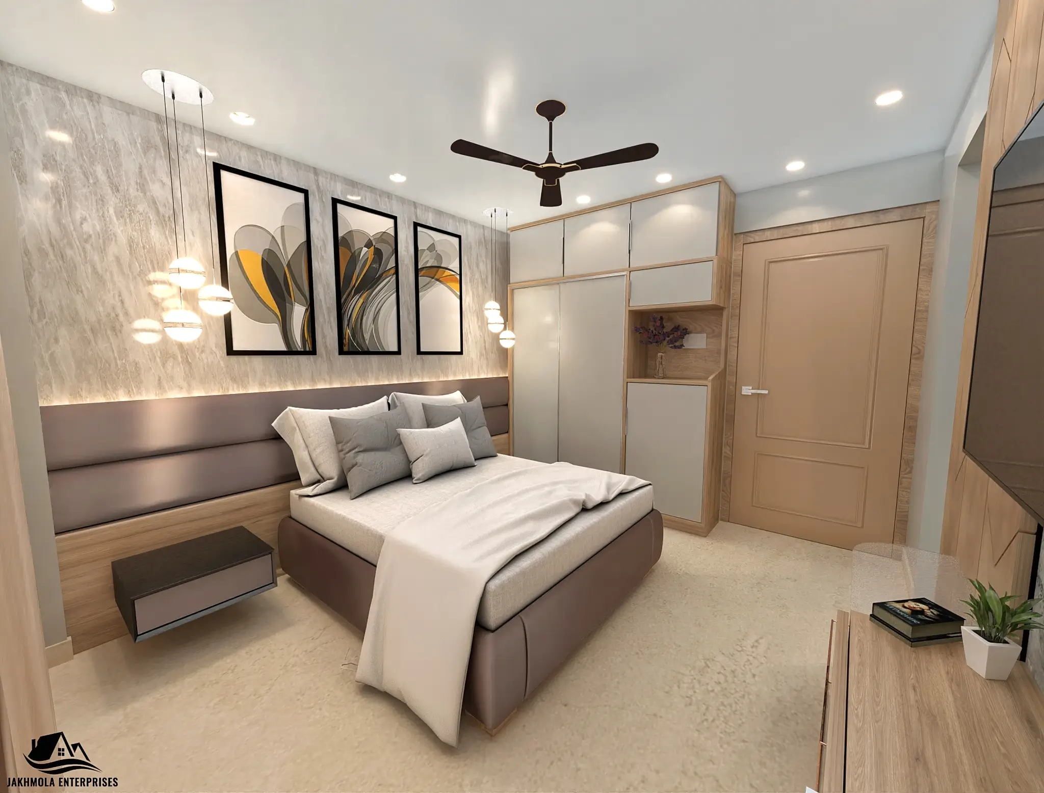 Modern bedroom with wooden panels and soft lighting