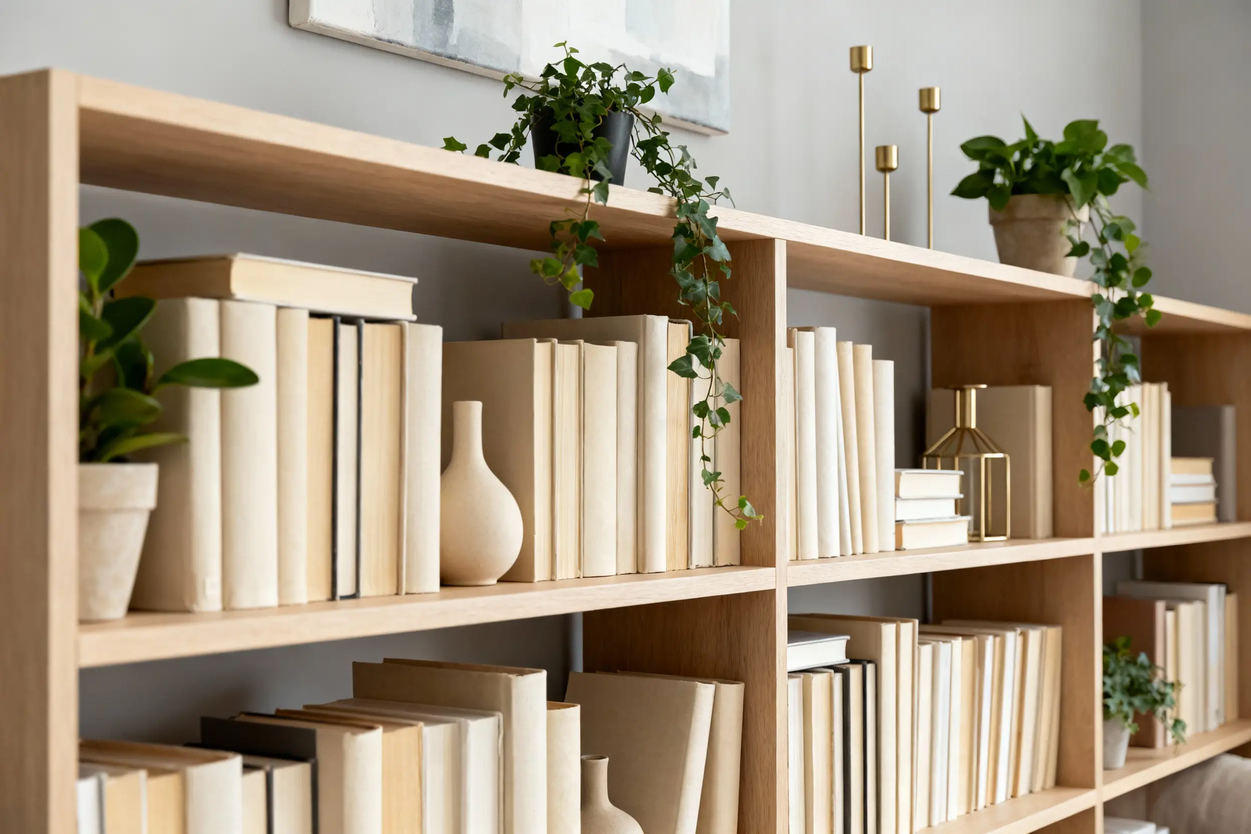 Wooden bookshelf furniture styled with books and indoor plants