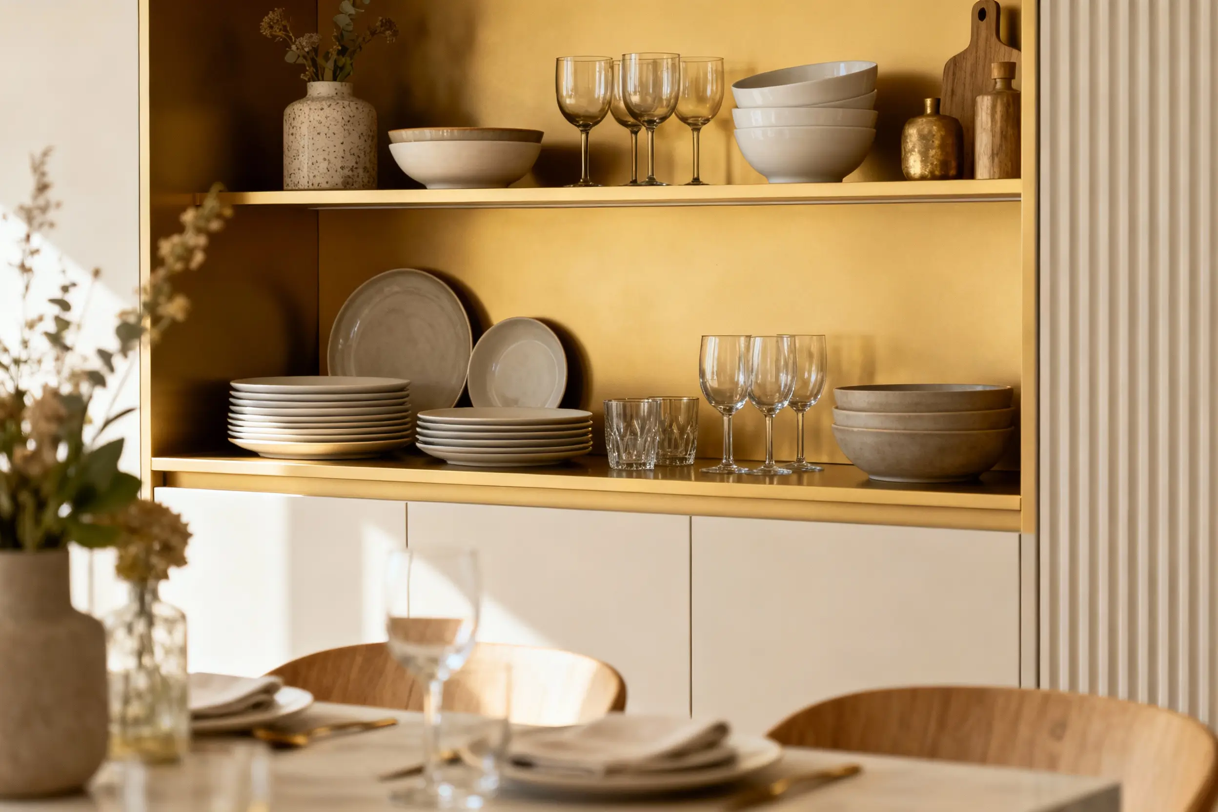 Kitchen storage furniture with open shelves for crockery and glassware