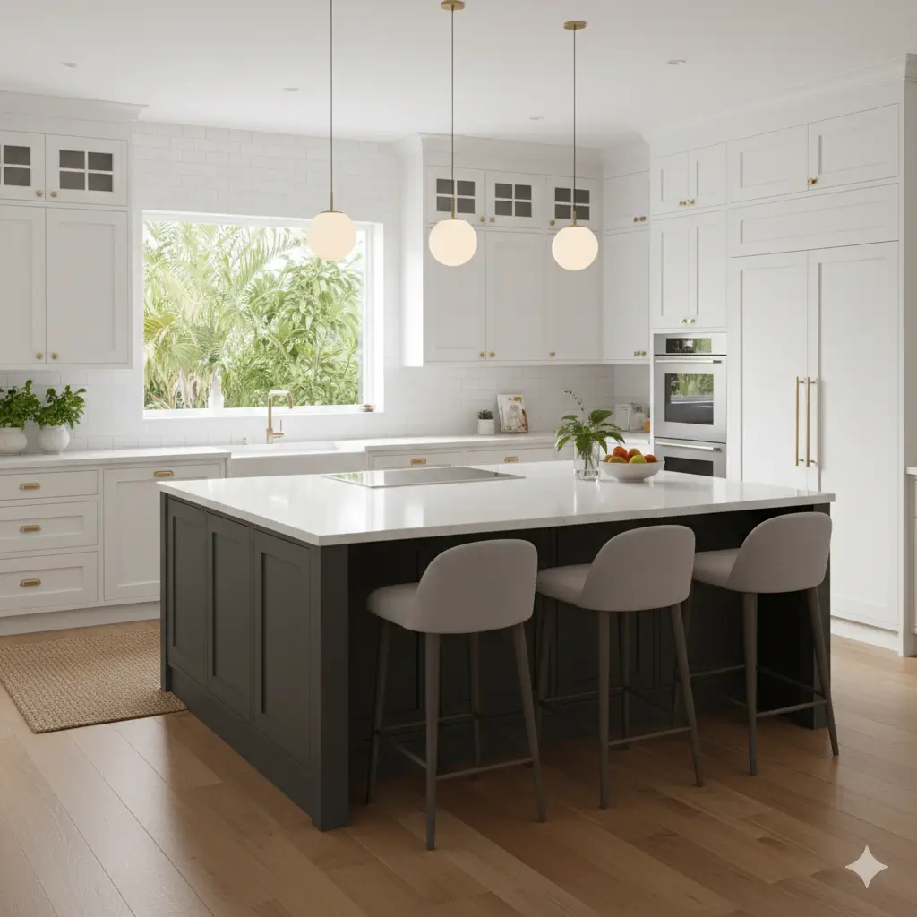 Island kitchen design by Bhumim interior designer, featuring a central workspace that enhances storage, style, and social interaction.