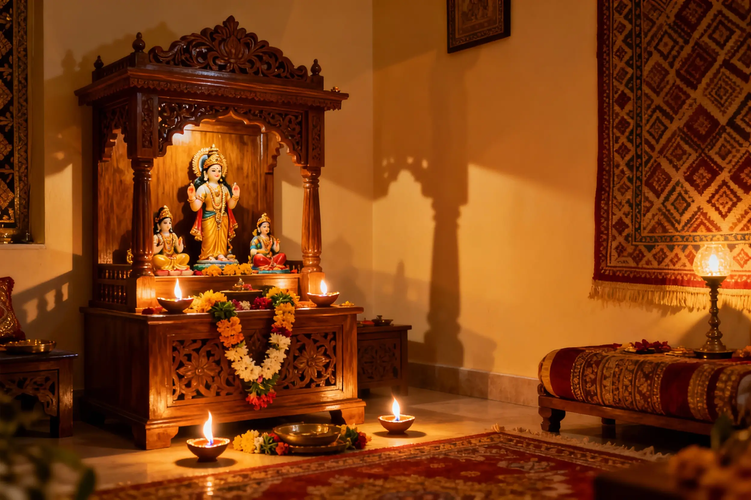 Wooden mandir furniture unit designed for home prayer space