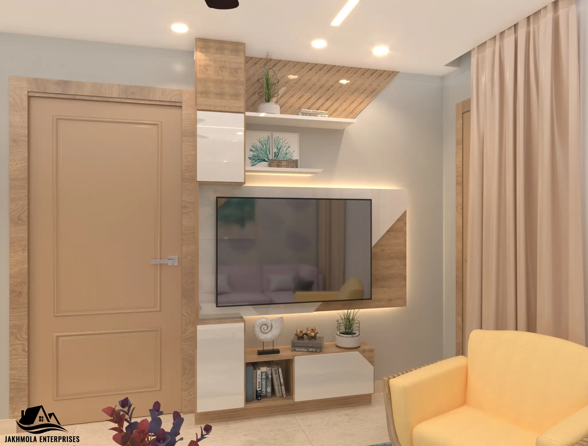 Living room TV unit with display shelves