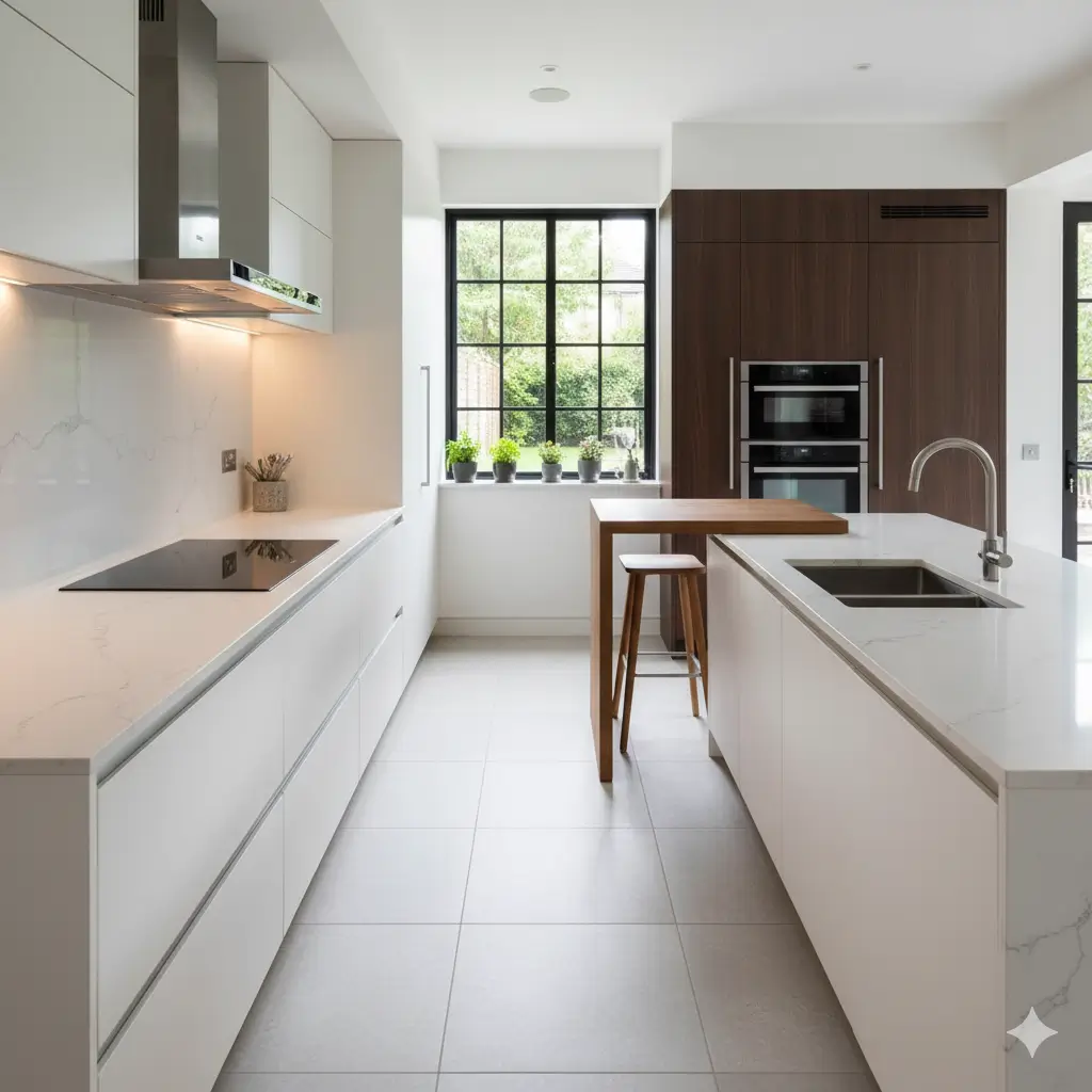 Parallel kitchen design by Bhumim interior designer, featuring dual counters for efficient workflow, smart storage, and modern aesthetics.