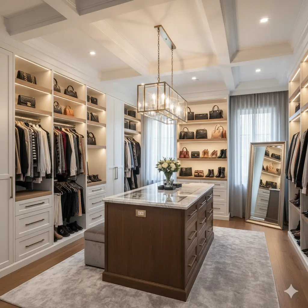 Luxury walk-in wardrobe with glass doors, LED lighting, and organized storage for modern bedroom interiors.