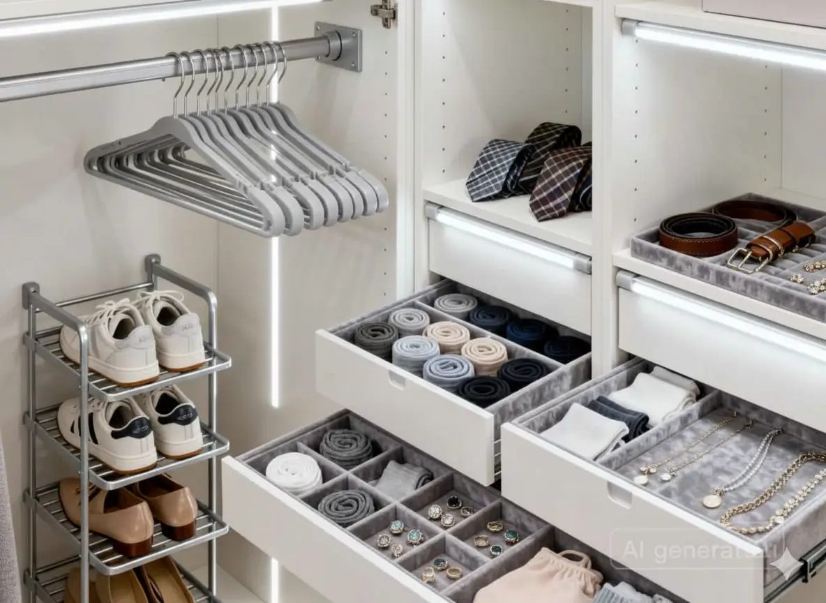 Wardrobe accessories set with pull-out drawers, tie racks, and shoe organizers for smart closet storage solutions.