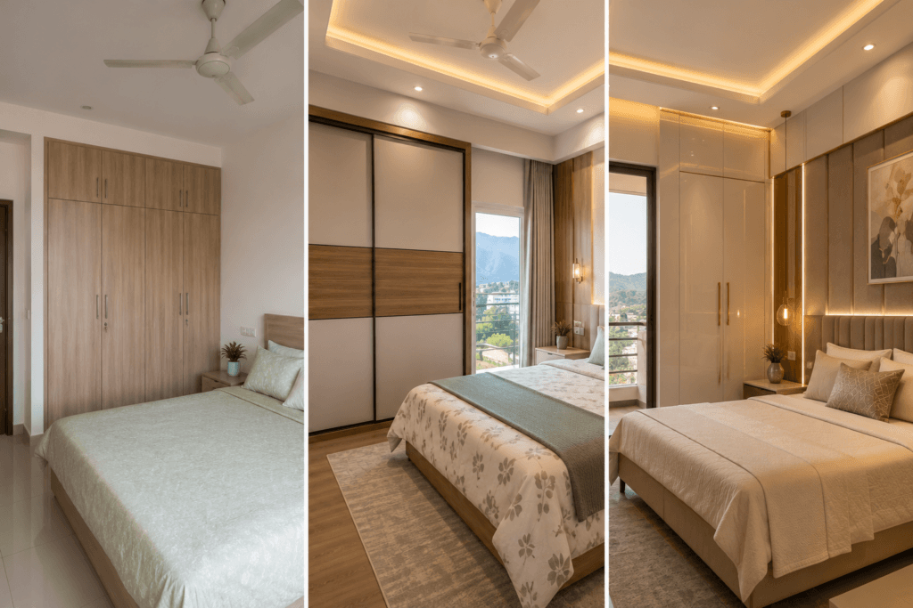 Budget comparison table for 2BHK interior design cost in Dehradun showing basic mid-range and premium tiers