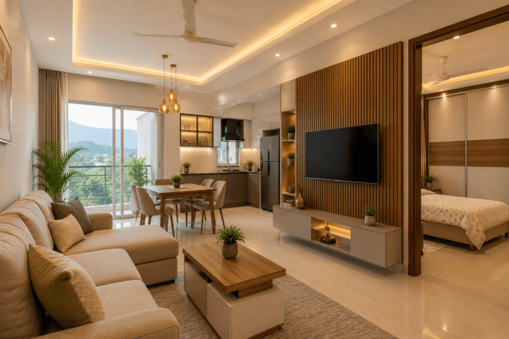 Completed 2BHK interior in Dehradun flat with modular kitchen wardrobe and living room furniture