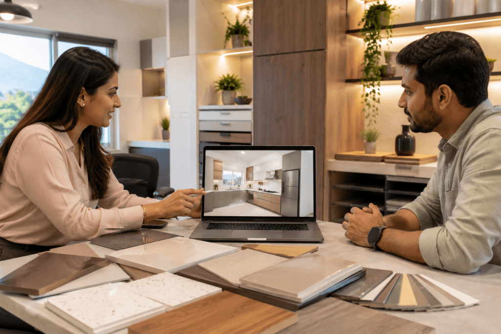 Interior design consultation in Dehradun-3D kitchen layout being reviewed on laptop by designer and homeowner