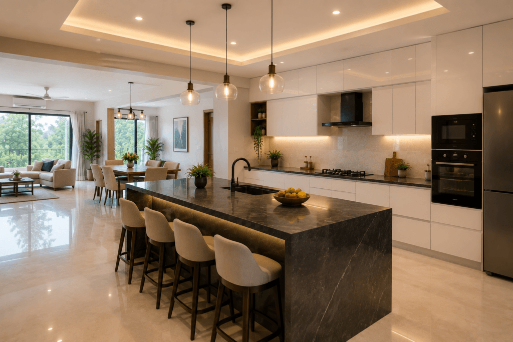 Island modular kitchen in open-plan Indian home with central prep counter and bar seating
