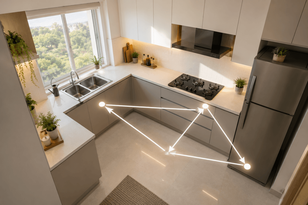 Kitchen work triangle diagram showing hob sink and refrigerator placement in L-shaped modular kitchen