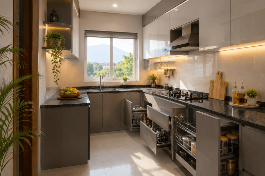 Modular kitchen in Dehradun home with HDHMR cabinets and soft-close hardware at mid-range interior cost