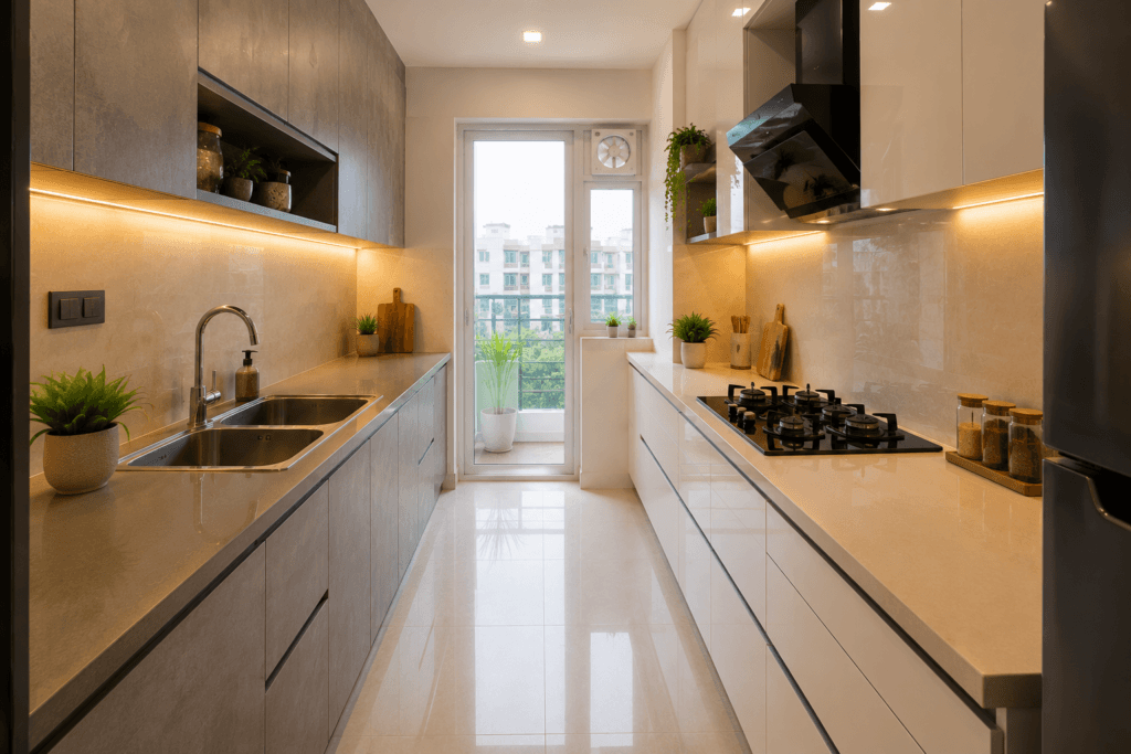 Parallel modular kitchen with grey and white cabinets showing wet zone and dry cooking zone separation
