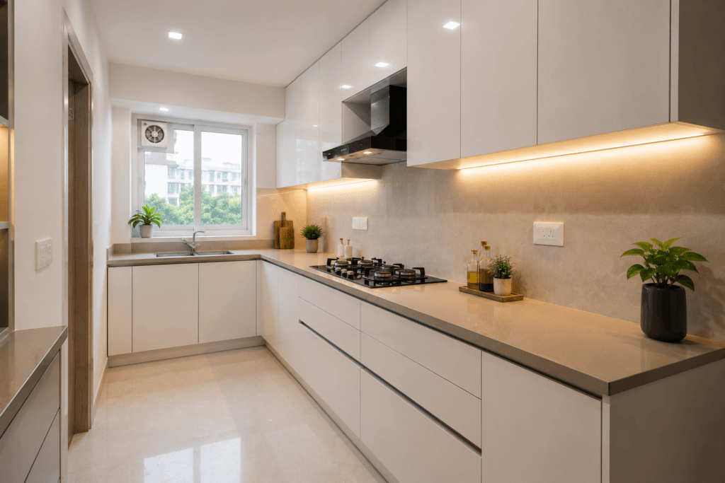 Straight one-wall modular kitchen with tall overhead cabinets in compact Indian apartment
