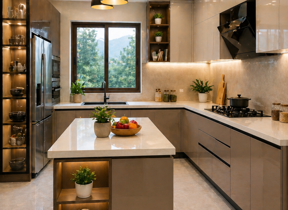 Modern kitchen with sleek, warm tones