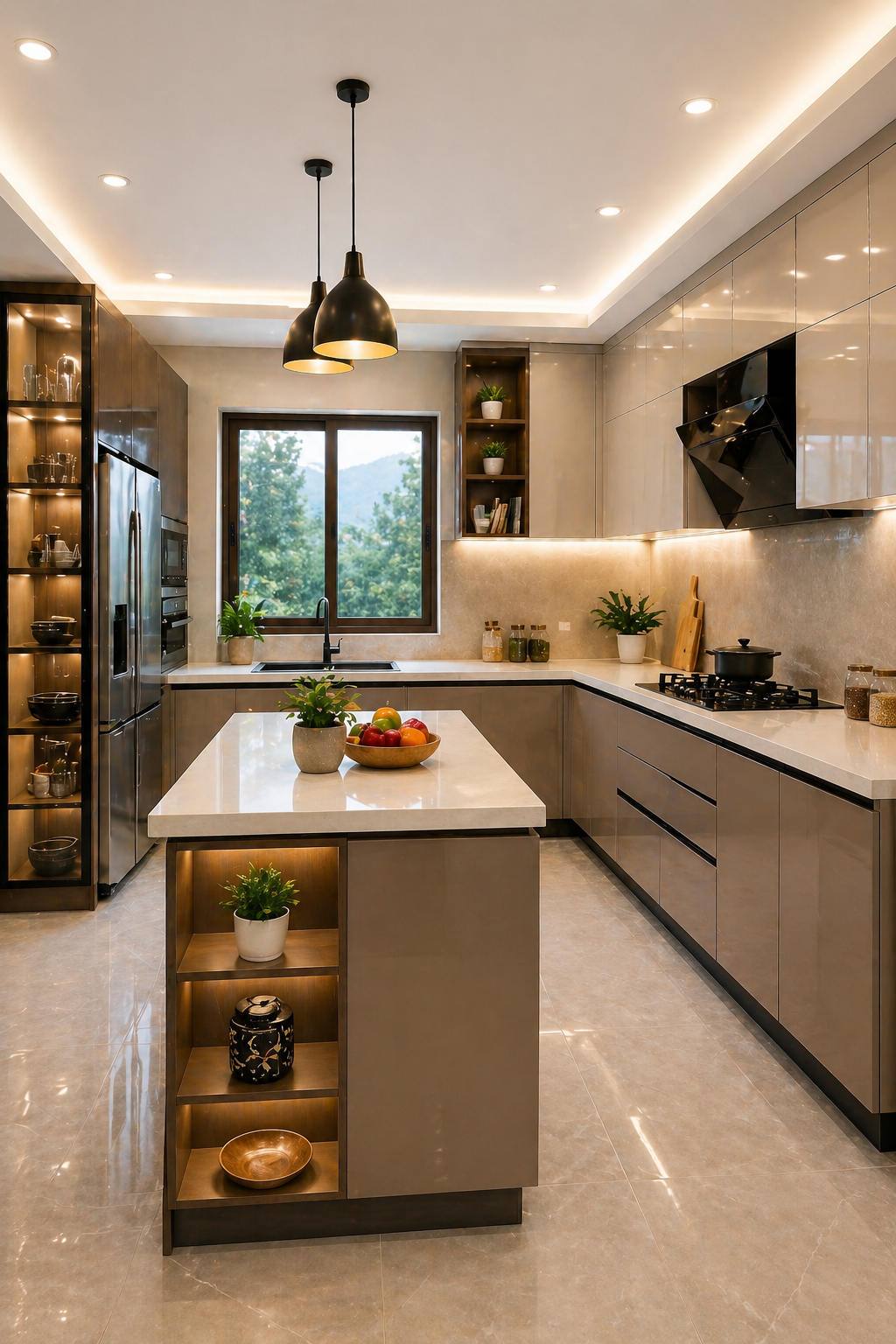 Modern kitchen with sleek, warm tones