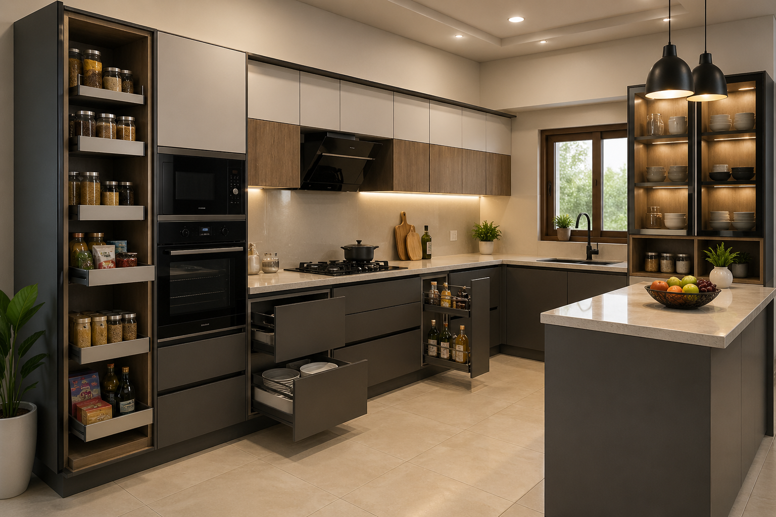 Modern modular kitchen with warm tones