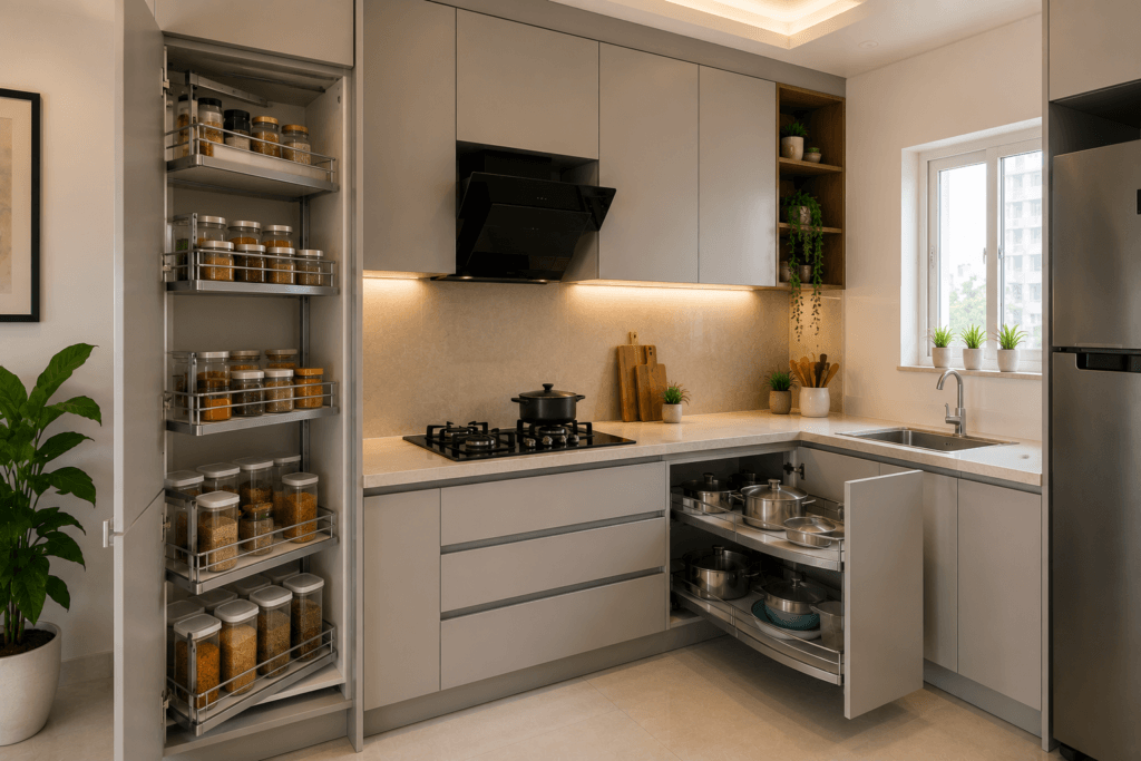 Modular kitchen in compact Indian apartment showing vertical storage with tall pantry units and corner carousel