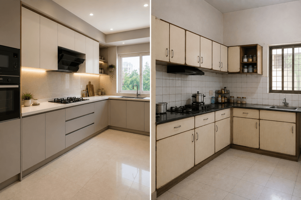Side-by-side comparison of modular kitchen versus carpenter-built kitchen showing quality difference in finish and hardware