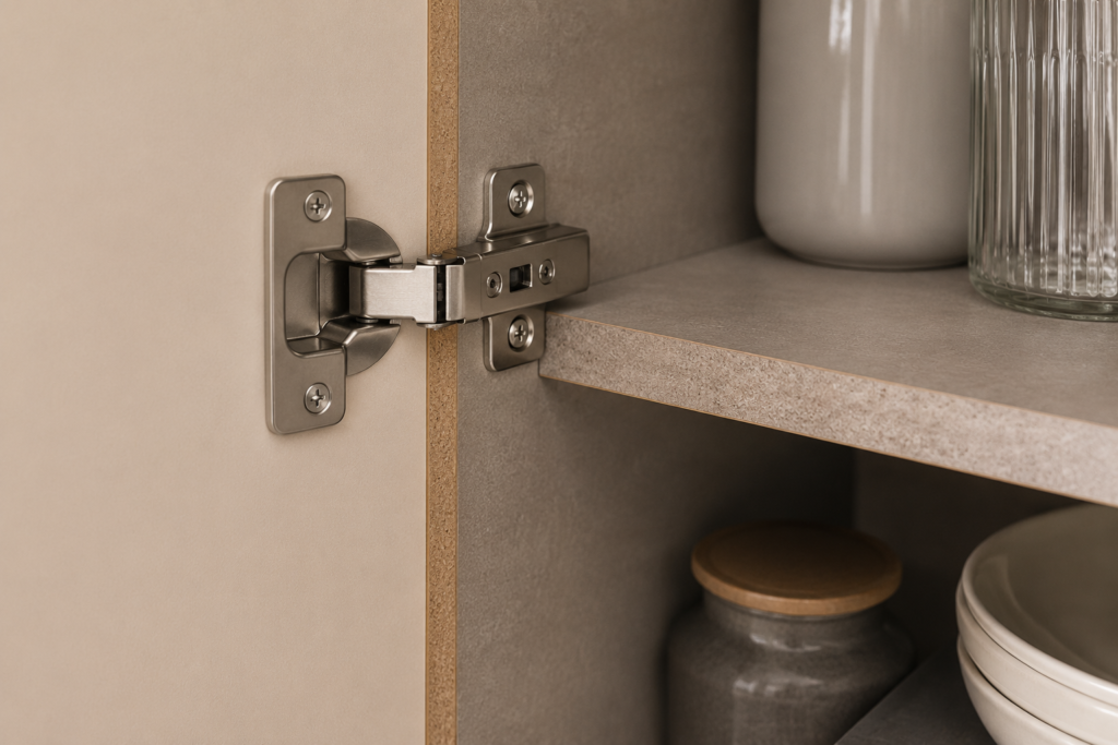 Close-up of HDHMR carcass with soft-close hinge and laminate shutter in a Bhumim modular kitchen