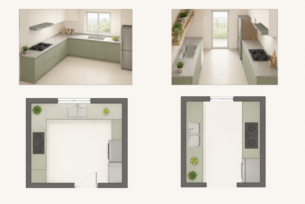 Side-by-side comparison diagram of L-shaped and parallel kitchen layouts for small Indian apartments