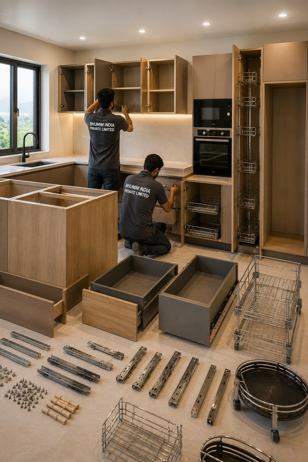 Kitchen under assembly with installers at work