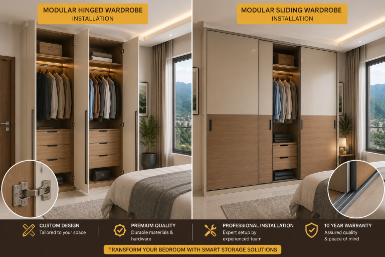 Bhumim modular hinged and sliding wardrobe installation in a Dehradun bedroom