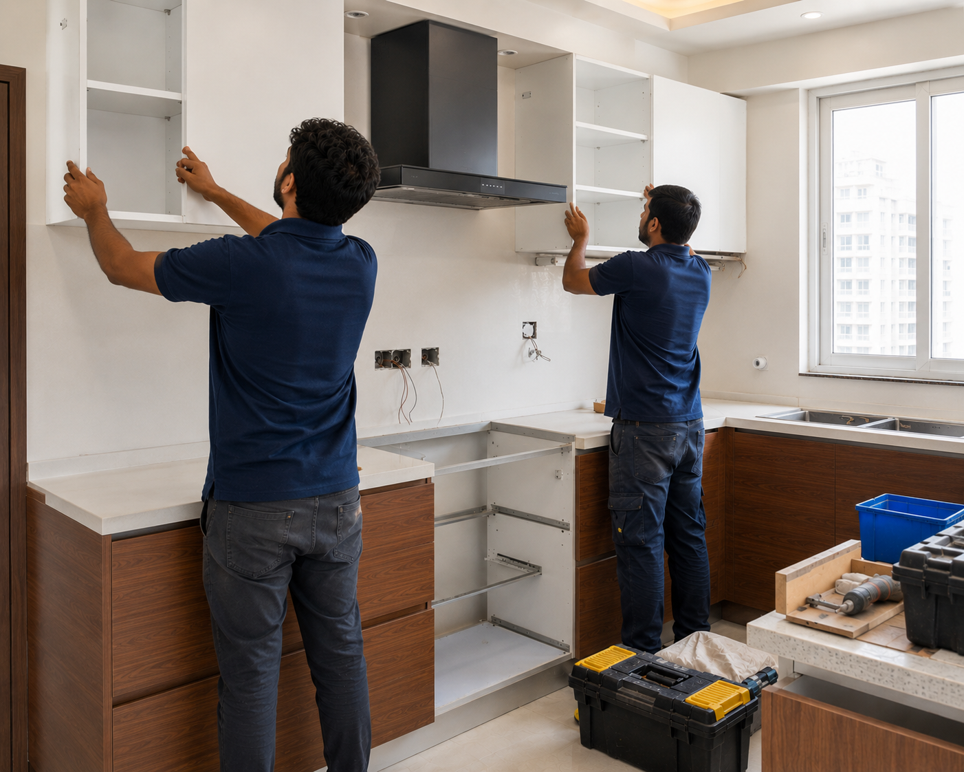 Bhumim modular kitchen installation process Roorkee Noida - team installing kitchen cabinets in Indian home