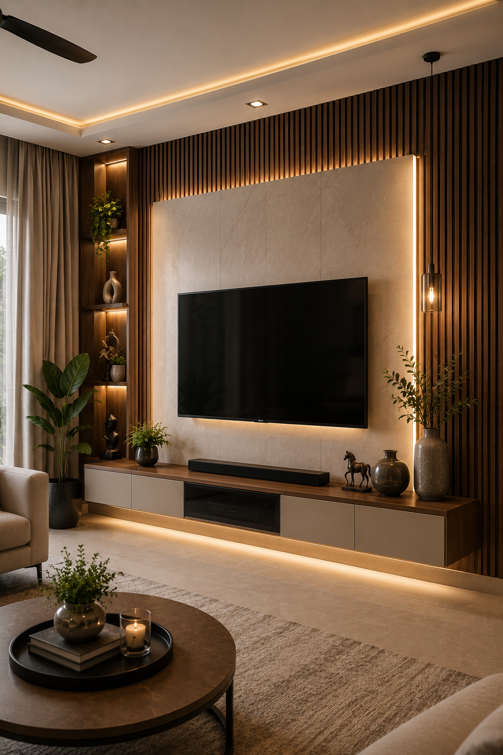 Custom TV unit design living room Dehradun – wall-mounted panel with fluted texture and LED lights by Bhumim