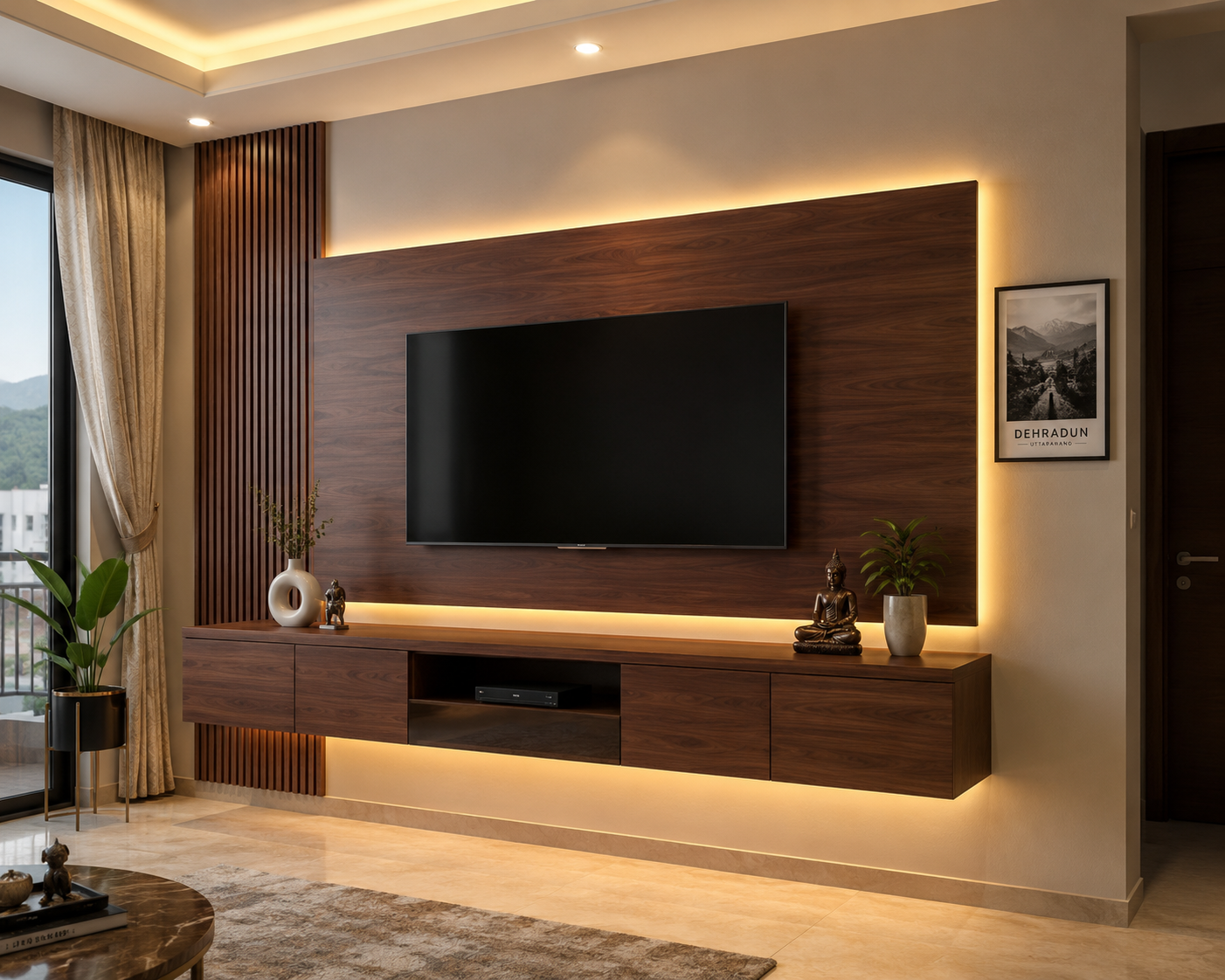 Floating TV unit design in a Dehradun living room, walnut finish with LED backlight