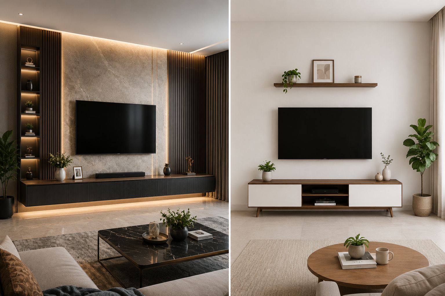 Full Wall TV Panel Design vs Simple TV Unit