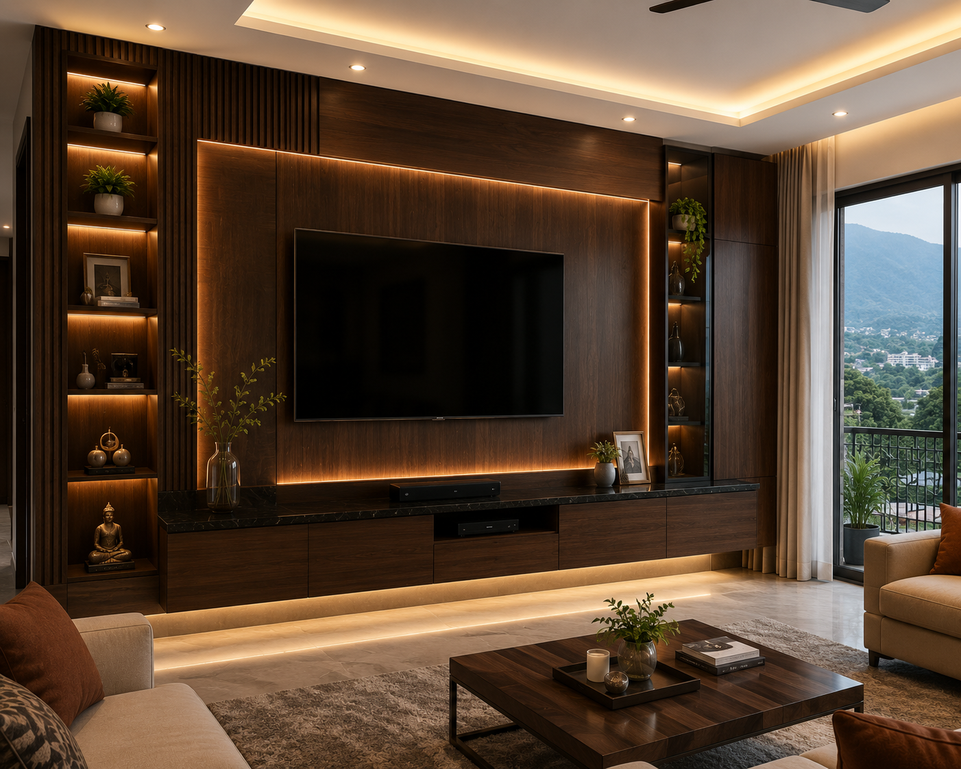 Full wall TV panel design in a Dehradun living room with dark wood finish, LED lights, open shelves and closed cabinets