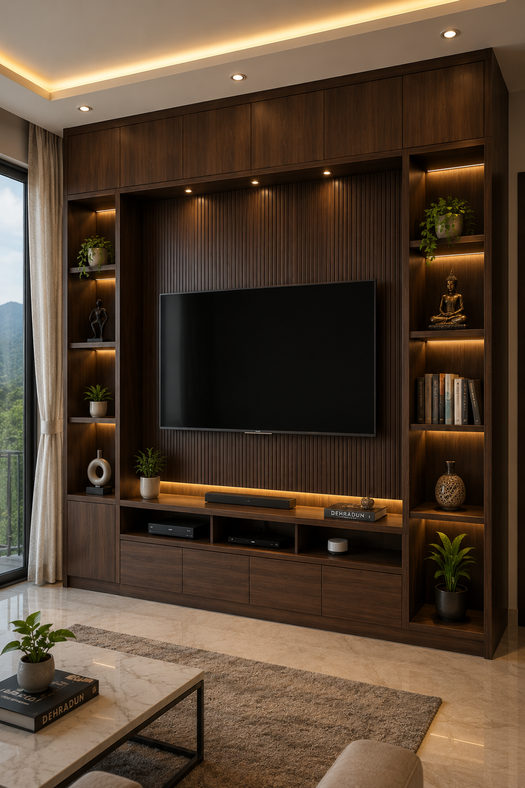 Full-wall TV unit design for living room in Dehradun, dark wood panel with open shelves and closed cabinets