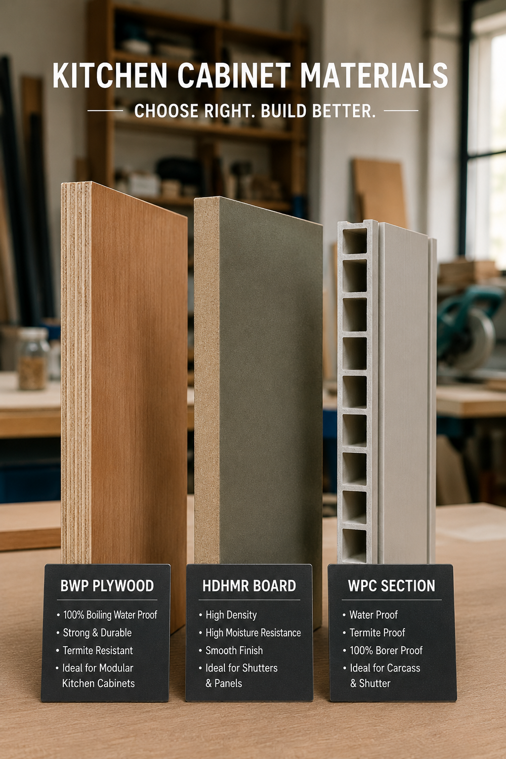 Kitchen cabinet material comparison for modular kitchen Rishikesh - plywood vs HDHMR