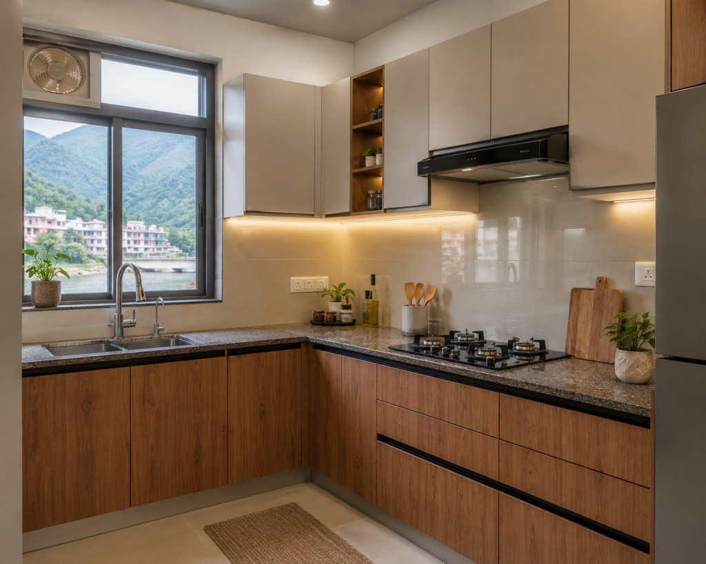 L-shaped modular kitchen Rishikesh apartment with wooden lower cabinets and grey upper shutters