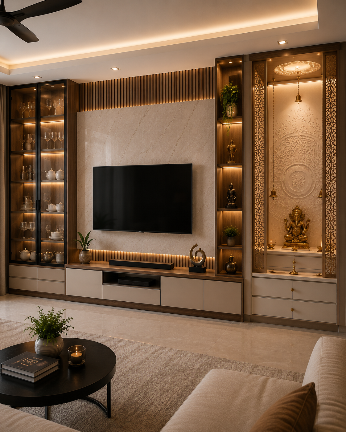 Living room furniture ideas Dehradun – custom crockery unit and mandir unit integrated into living room wall by Bhumim