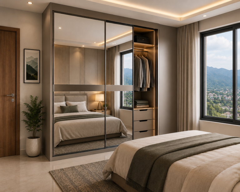 Modern sliding wardrobe with mirror doors in a stylish Dehradun bedroom