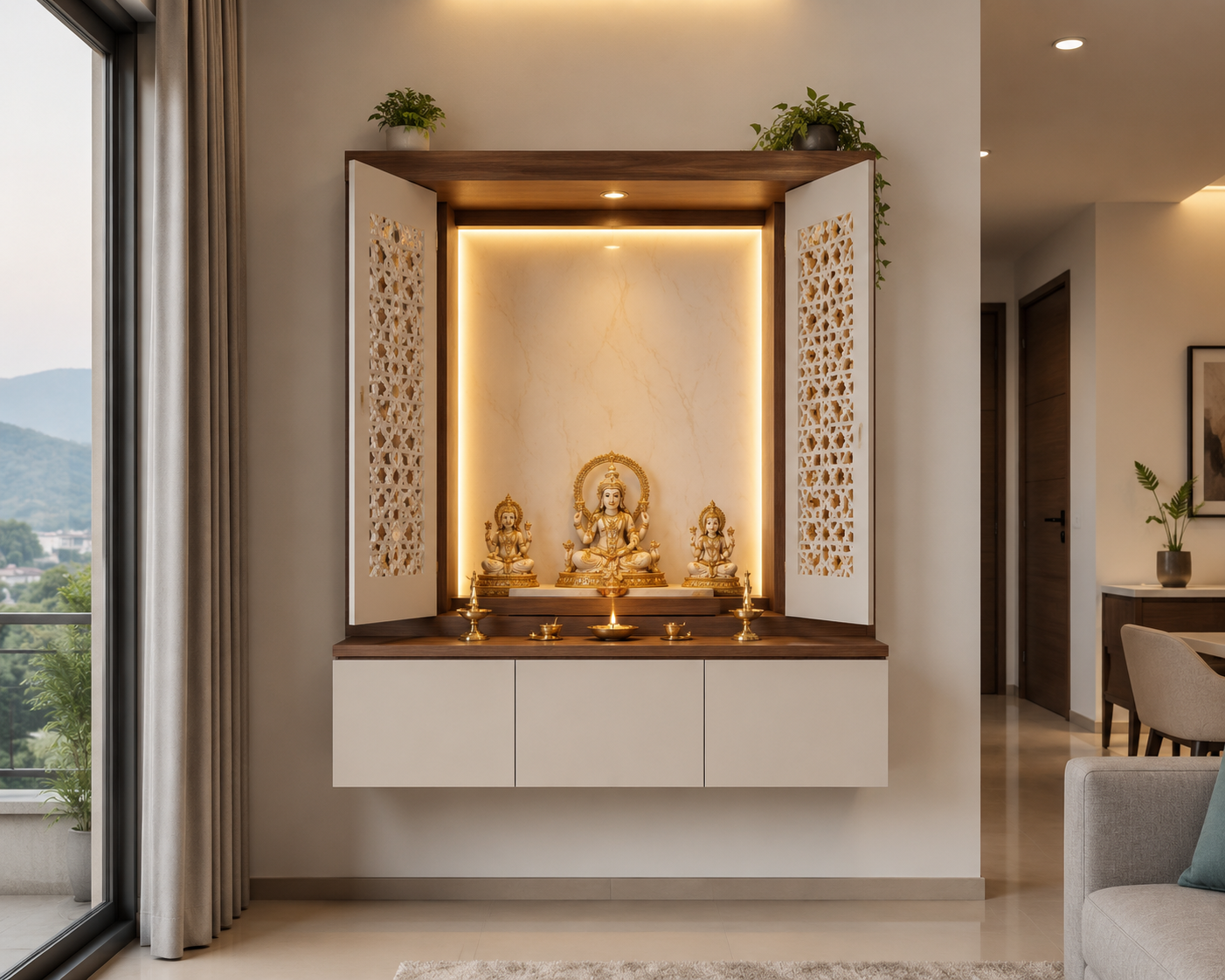 Modern wall-mounted mandir unit design for home with LED lighting and closed storage cabinet, installed in Dehradun apartment