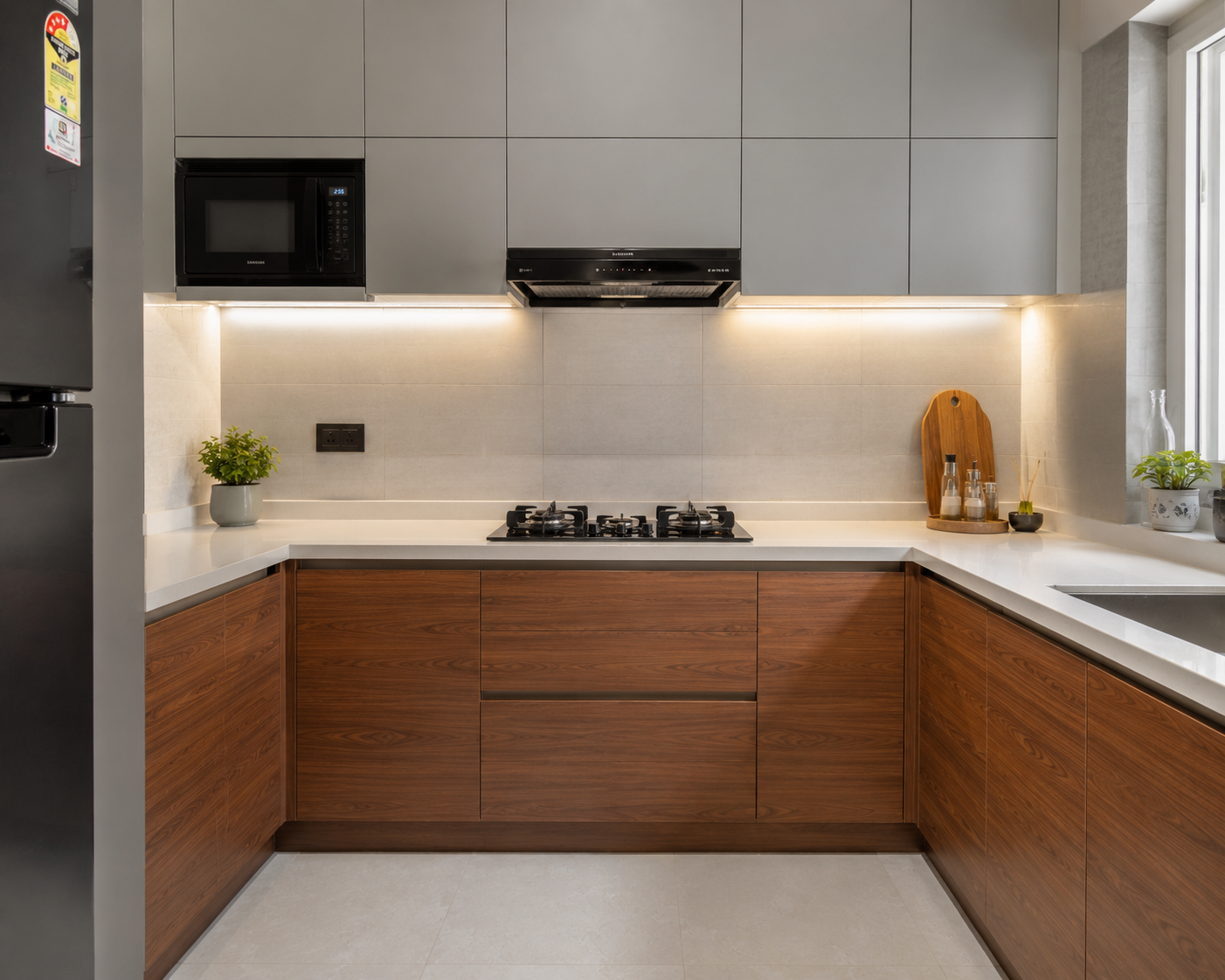 Modular kitchen Noida apartment - handleless matte grey kitchen with integrated appliances by Bhumim