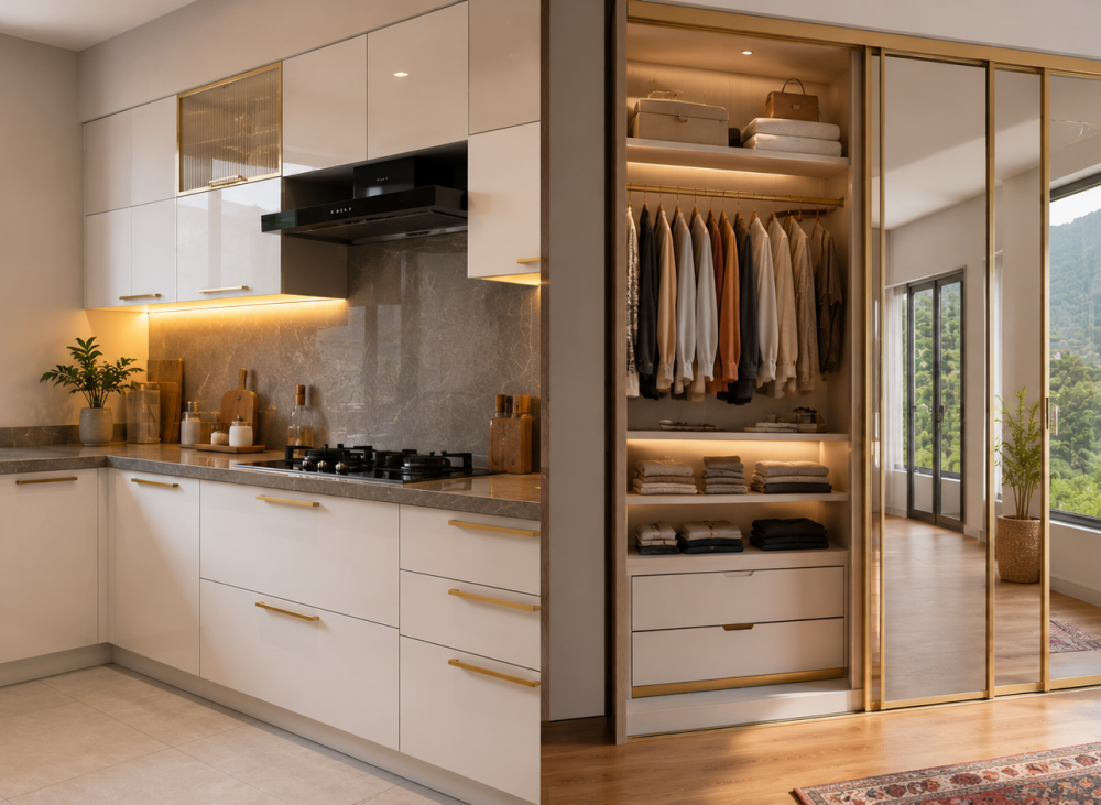 Modular kitchen wardrobe Haridwar — split view of modern kitchen and wardrobe by Bhumim
