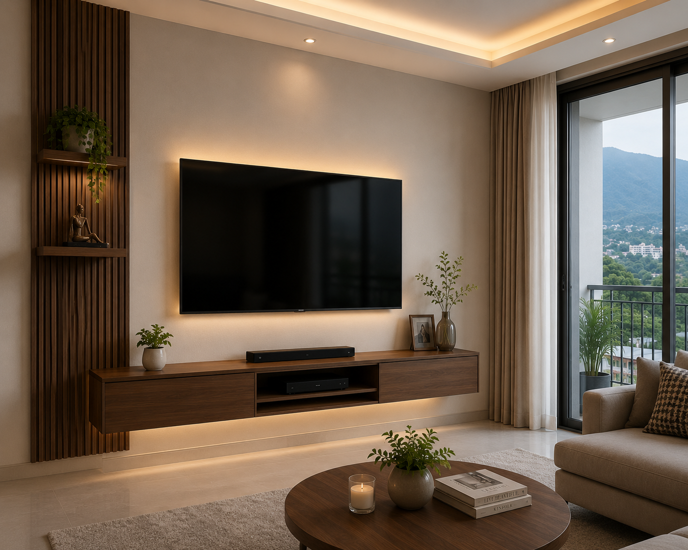 Simple floating TV unit in a Dehradun apartment with walnut finish and LED backlight
