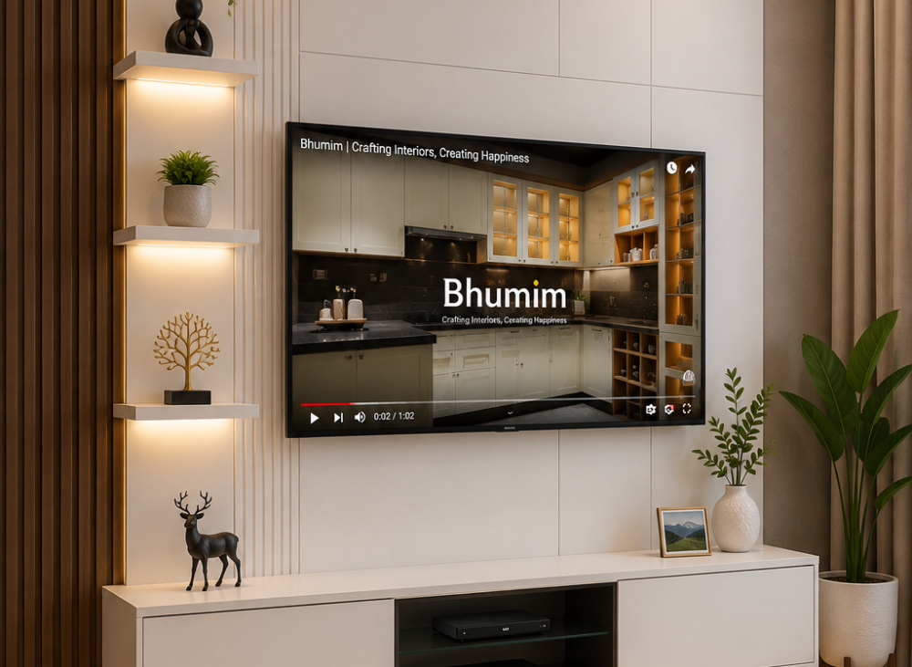 TV unit design living room Dehradun, wall-mounted white panel with open shelves