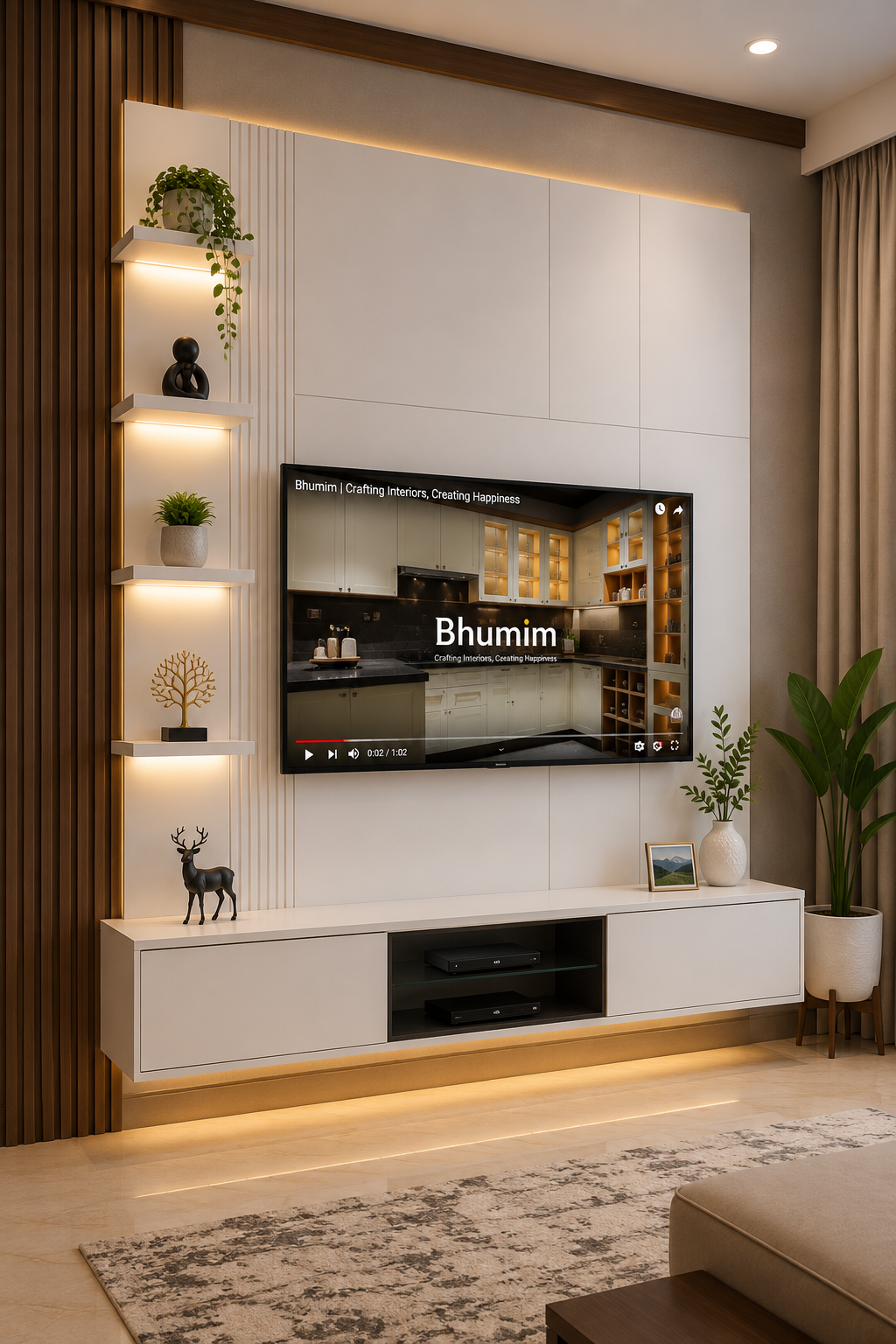 TV unit design living room Dehradun, wall-mounted white panel with open shelves