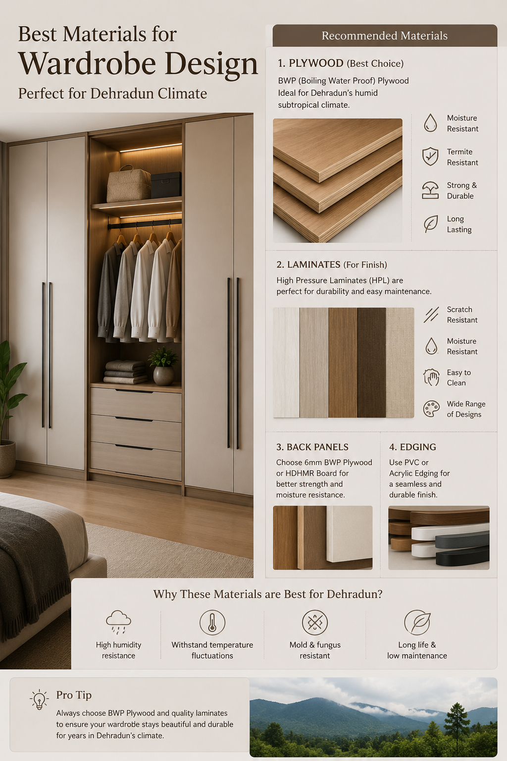 best materials for wardrobe design Dehradun climate
