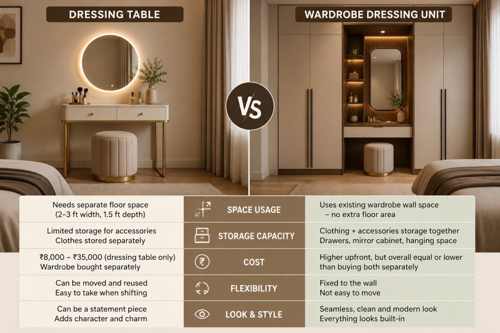 dressing table vs wardrobe dressing unit comparison for Indian bedroom design