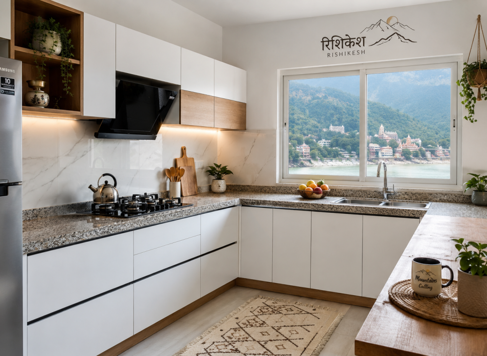 modular kitchen Rishikesh installed by Bhumim with L-shaped white cabinets and granite countertop